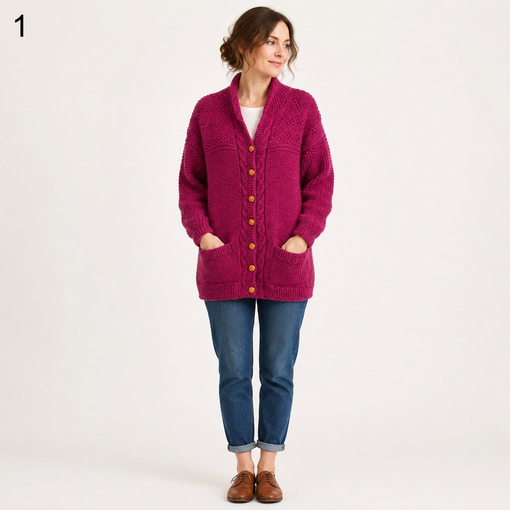 Pink Chunky Knit Cardigan Sweater Wood Buttons Pockets See Measurements